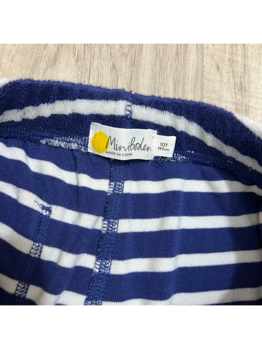 Mini Boden Toweling Shorts Size 10Y Blue White Striped Terry Cloth Yellow Pocket